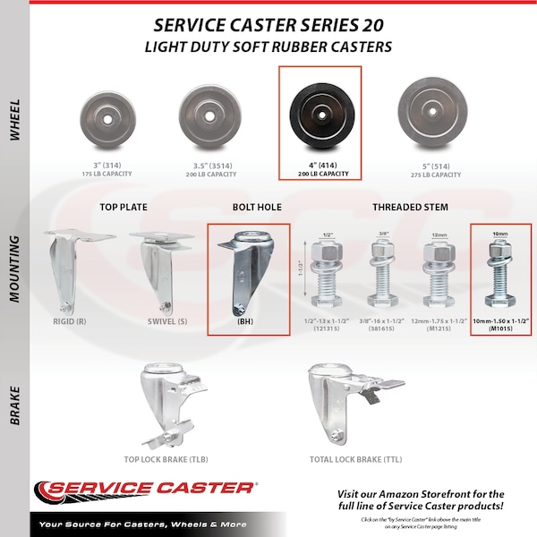 Service Caster 4 Inch Soft Rubber Wheel Swivel 10mm Threaded Stem Caster Brakes SCC, 2PK SCC-TS20S414-SRS-M1015-2-TLB-2 - main